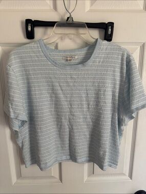 American Eagle Light Blue and White Textured Stripe Tee